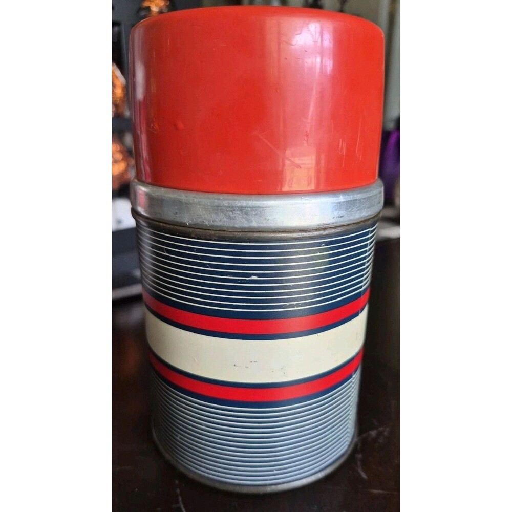 Vintage Sears J C Higgins Metal Vacuum Thermos Red Navy Striped Red Cap 1950s